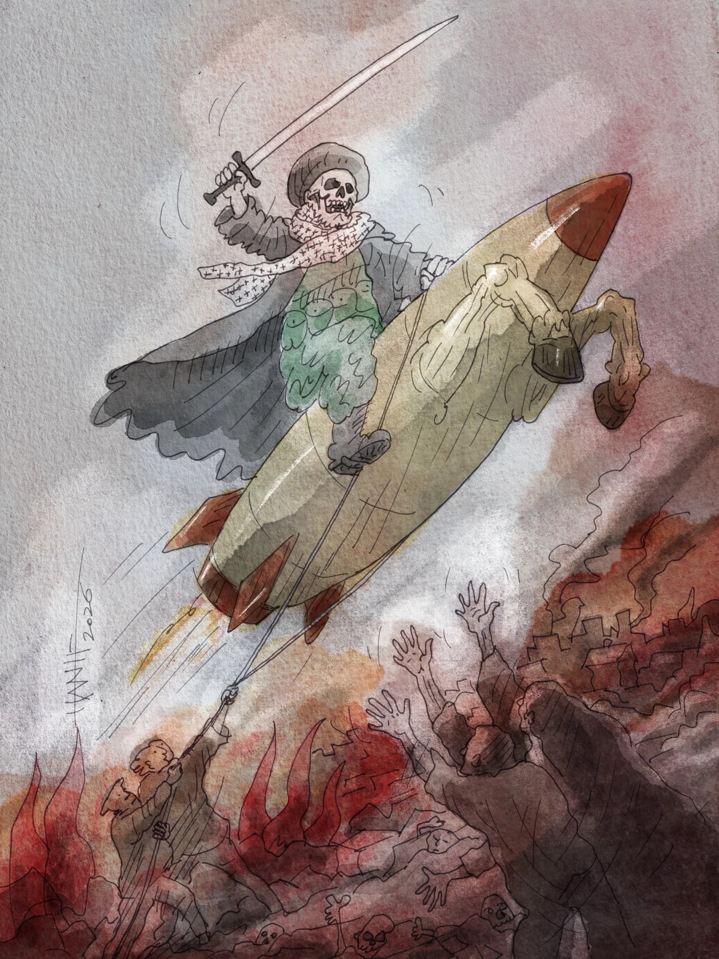 Editorial cartoon of a regime figure riding a missile above a burning country while people are dragged behind