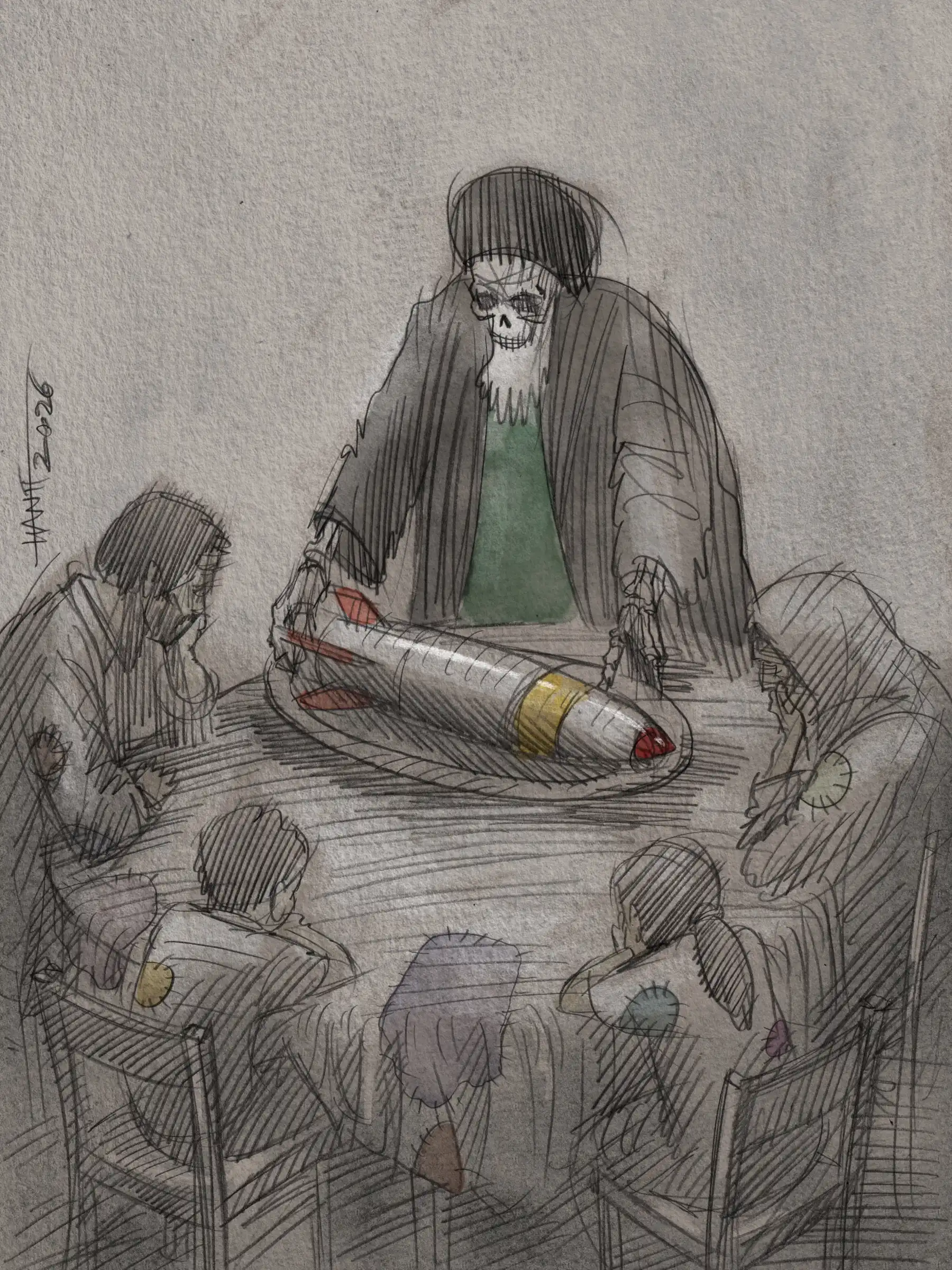 Editorial cartoon of a skeletal cleric presenting a missile to an audience