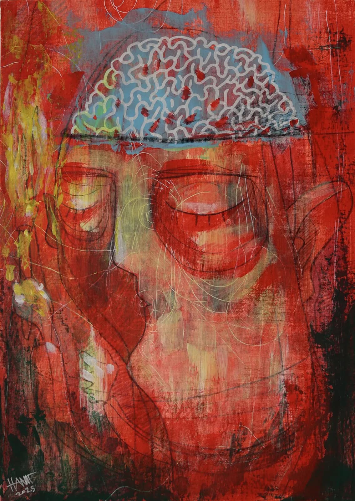 Red and blue painting of two overlapping faces beneath an exposed brain