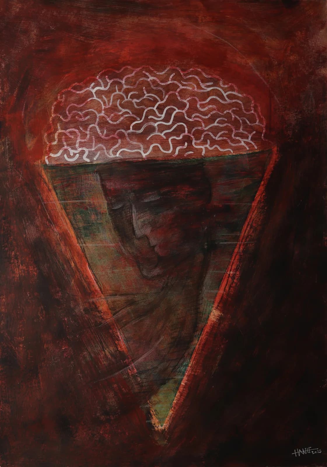 Dark red painting of a profile beneath an exposed brain enclosed by a triangular form