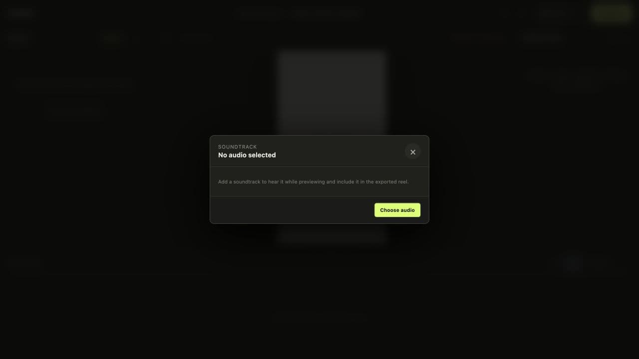 Folioflow soundtrack controls alongside a vertical video preview and clip sequence