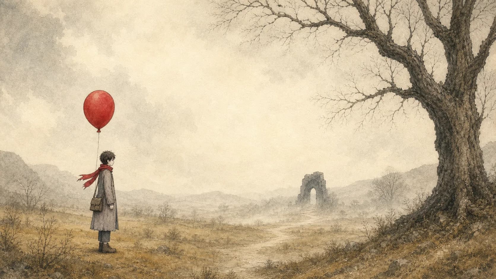 A lone traveler holding a red balloon in a hand-painted field beneath a large bare tree