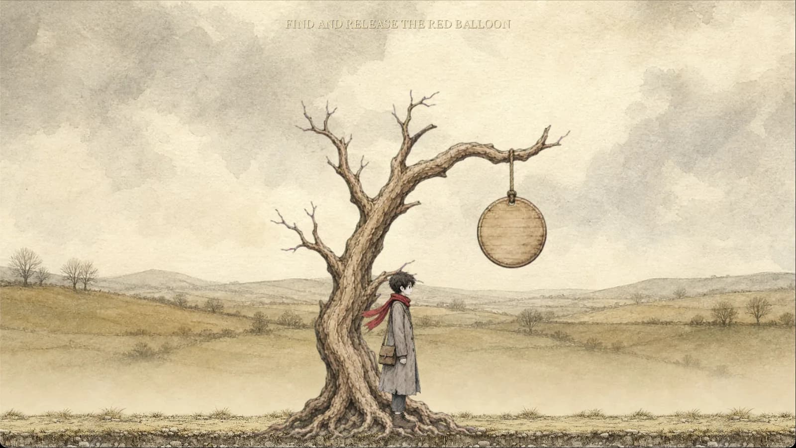 The traveler standing beneath a rune tree with a suspended circular puzzle element