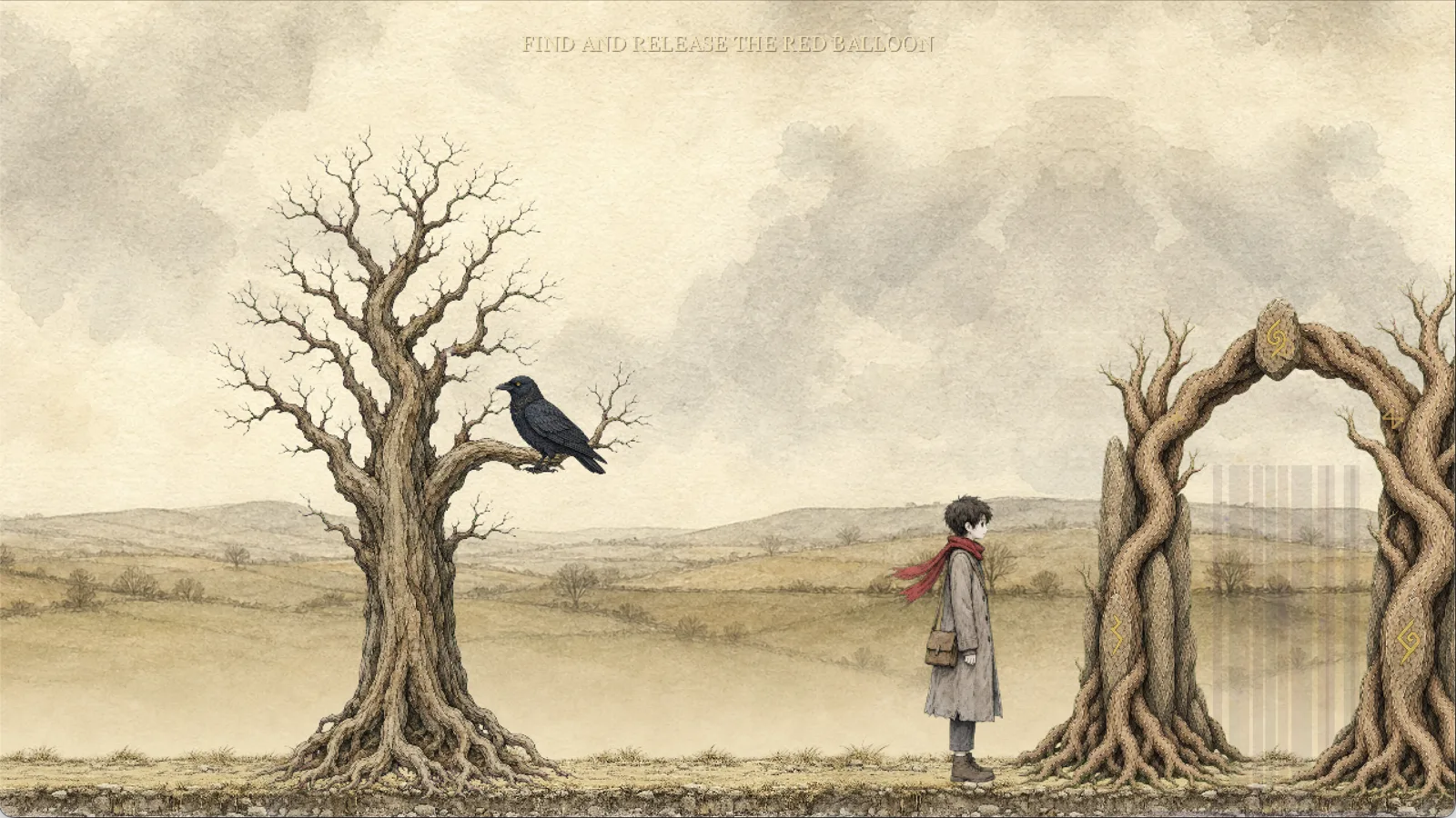 The traveler approaching an ancient tree gateway beside a black bird
