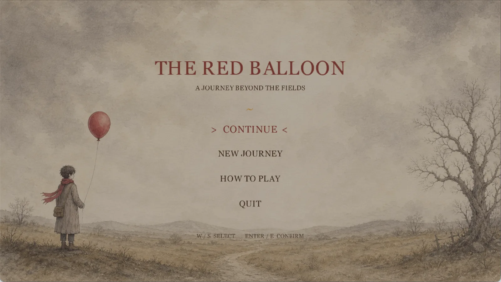 The Red Balloon title screen with a traveler, watercolor landscape, and journey menu