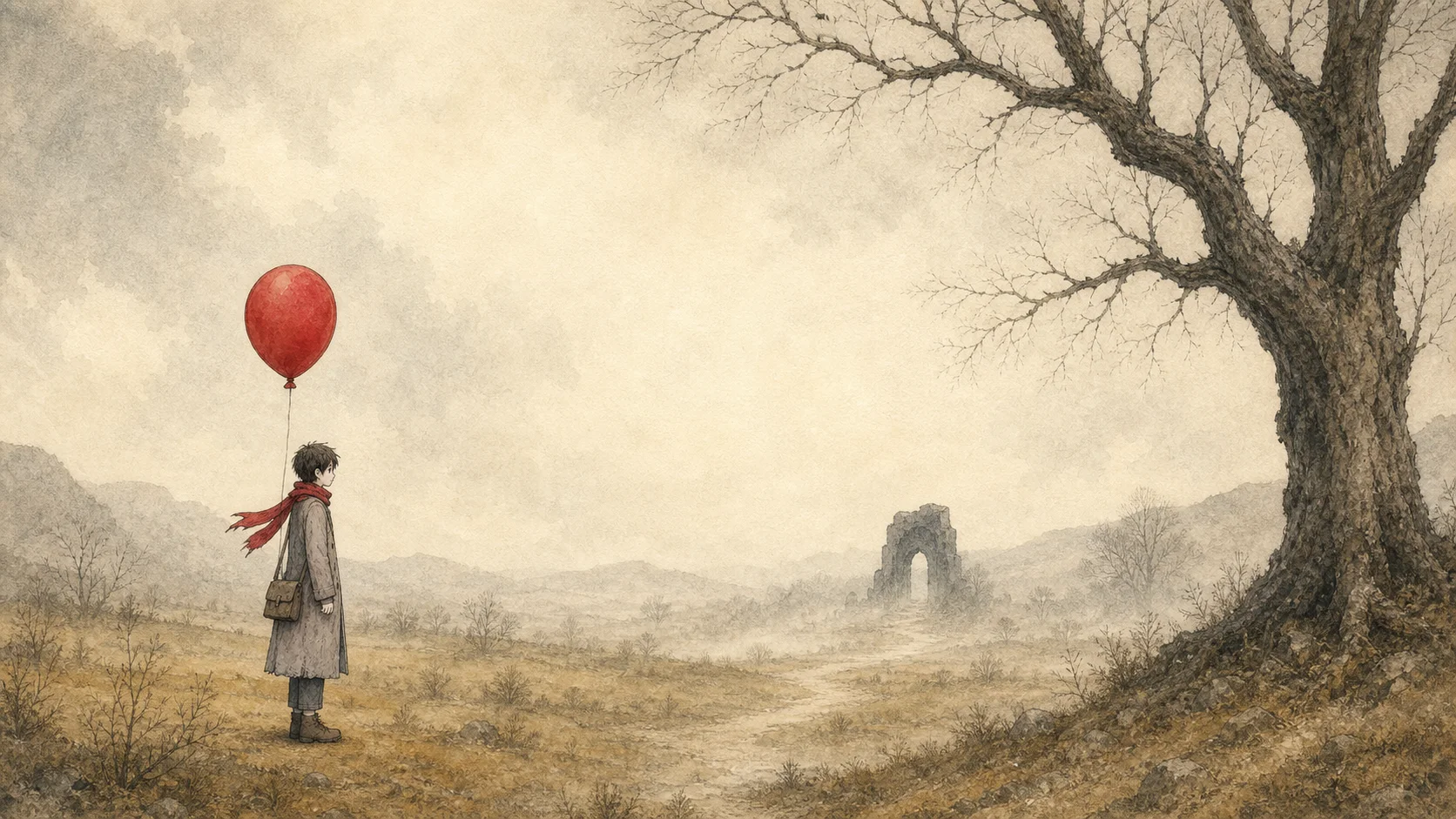 A lone traveler holding a red balloon in a hand-painted field beneath a large bare tree
