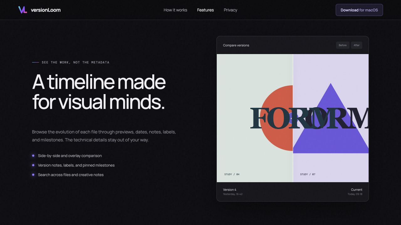 VersionLoom website section demonstrating a split visual comparison between two creative versions