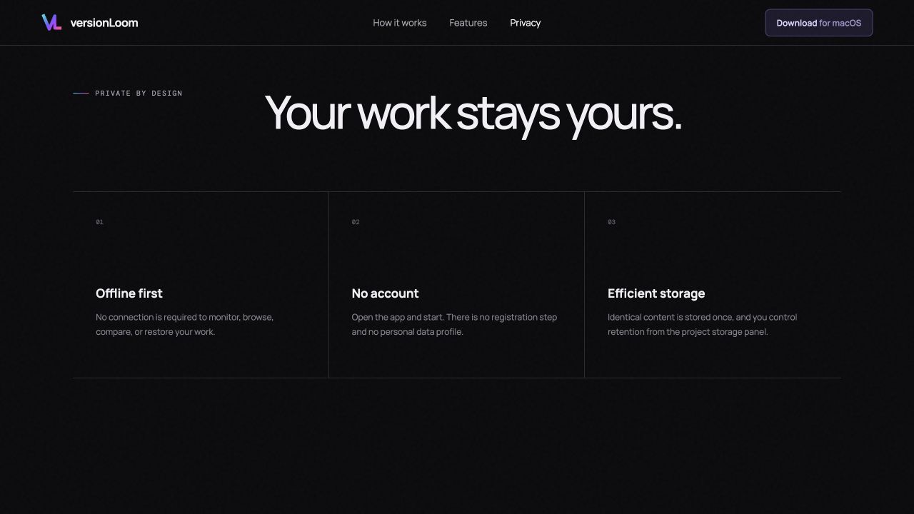 VersionLoom website section explaining offline-first operation, no account requirement, and efficient local storage